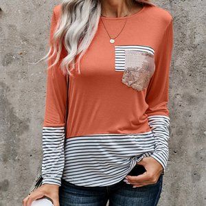 SEQUINS STRIPE POCKET SPLICING LONG SLEEVE TOP